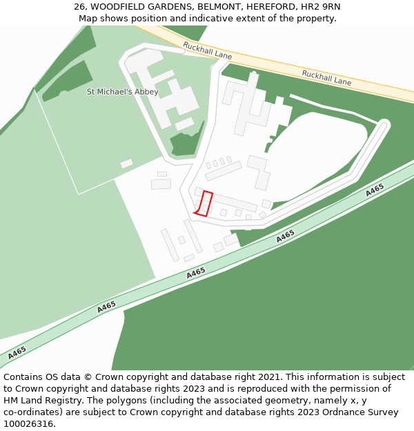 26, WOODFIELD GARDENS, BELMONT, HEREFORD, HR2 9RN: Location map and indicative extent of plot