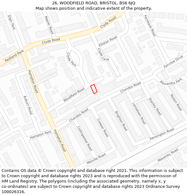 26, WOODFIELD ROAD, BRISTOL, BS6 6JQ: Location map and indicative extent of plot