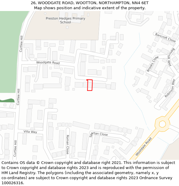 26, WOODGATE ROAD, WOOTTON, NORTHAMPTON, NN4 6ET: Location map and indicative extent of plot