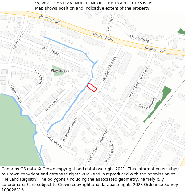 26, WOODLAND AVENUE, PENCOED, BRIDGEND, CF35 6UP: Location map and indicative extent of plot