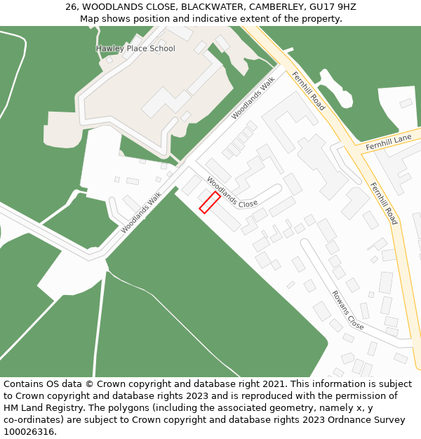 26, WOODLANDS CLOSE, BLACKWATER, CAMBERLEY, GU17 9HZ: Location map and indicative extent of plot