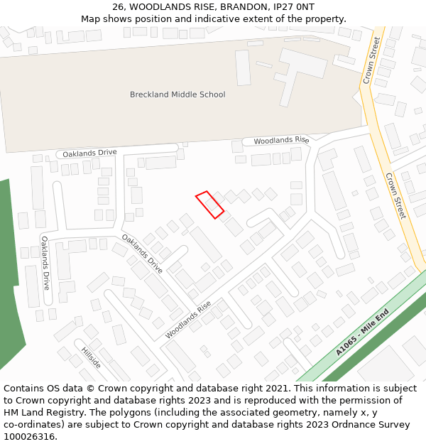26, WOODLANDS RISE, BRANDON, IP27 0NT: Location map and indicative extent of plot