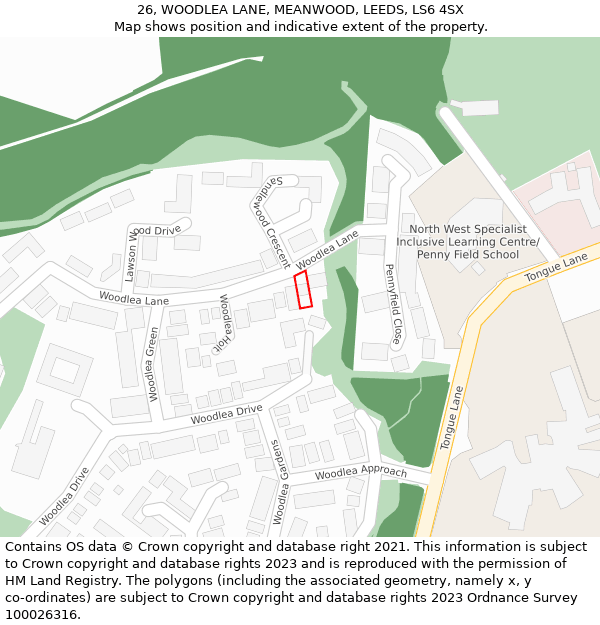 26, WOODLEA LANE, MEANWOOD, LEEDS, LS6 4SX: Location map and indicative extent of plot