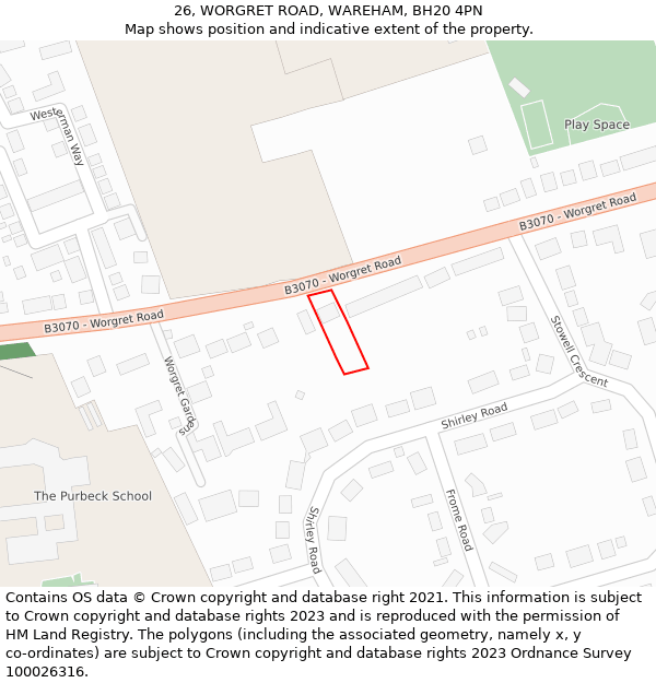 26, WORGRET ROAD, WAREHAM, BH20 4PN: Location map and indicative extent of plot