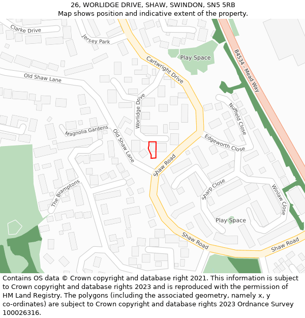 26, WORLIDGE DRIVE, SHAW, SWINDON, SN5 5RB: Location map and indicative extent of plot