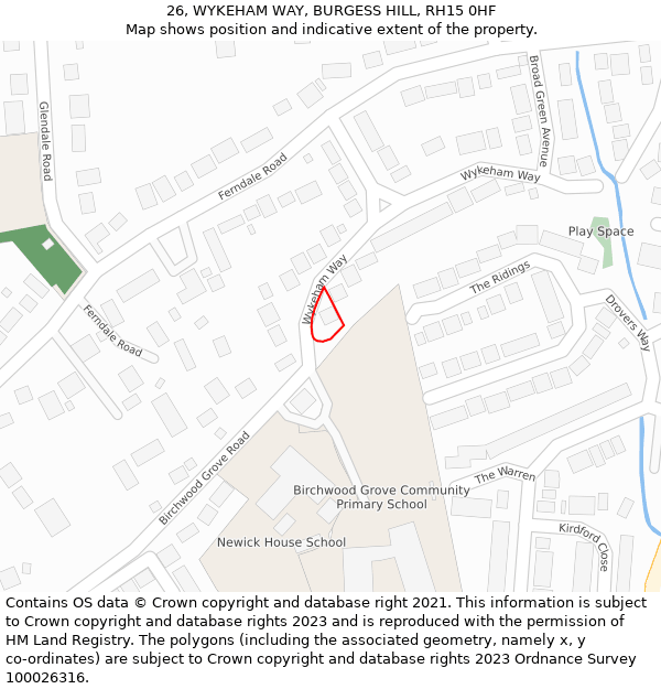 26, WYKEHAM WAY, BURGESS HILL, RH15 0HF: Location map and indicative extent of plot