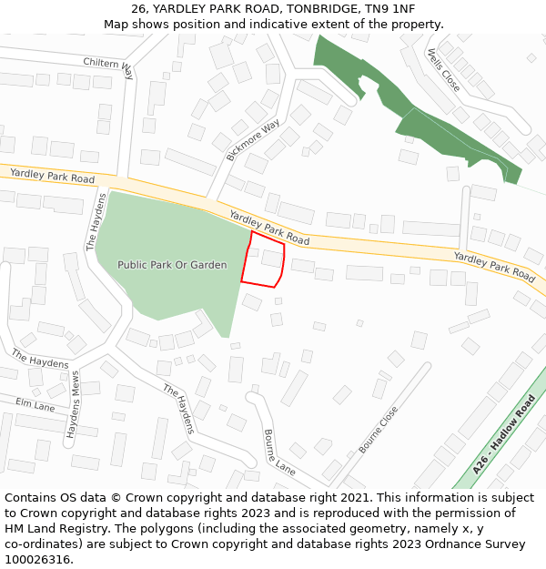 26, YARDLEY PARK ROAD, TONBRIDGE, TN9 1NF: Location map and indicative extent of plot