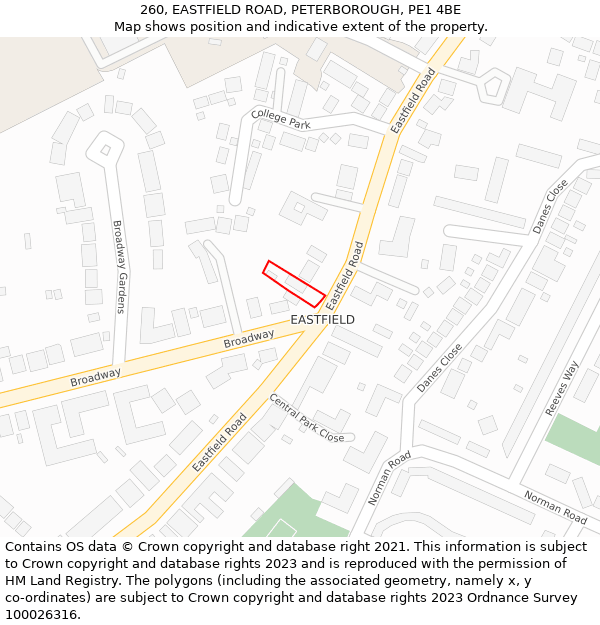 260, EASTFIELD ROAD, PETERBOROUGH, PE1 4BE: Location map and indicative extent of plot