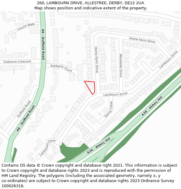 260, LAMBOURN DRIVE, ALLESTREE, DERBY, DE22 2UA: Location map and indicative extent of plot