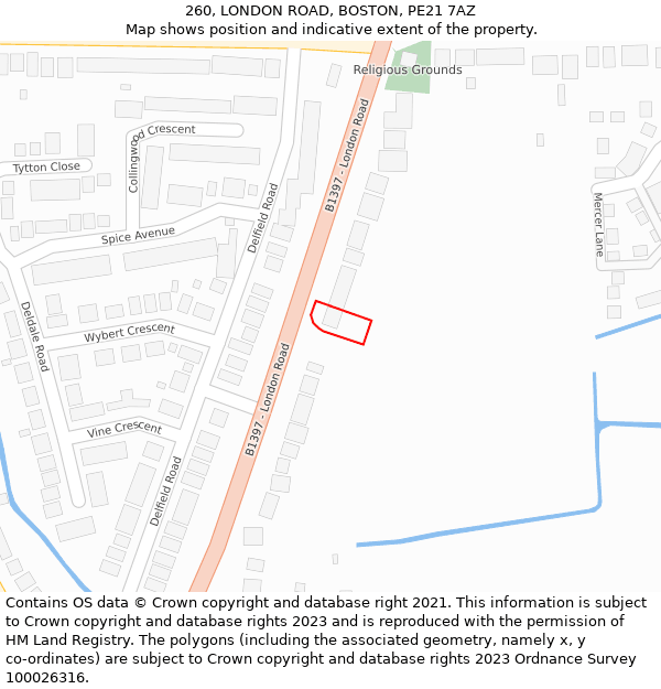 260, LONDON ROAD, BOSTON, PE21 7AZ: Location map and indicative extent of plot