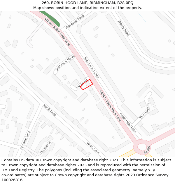 260, ROBIN HOOD LANE, BIRMINGHAM, B28 0EQ: Location map and indicative extent of plot