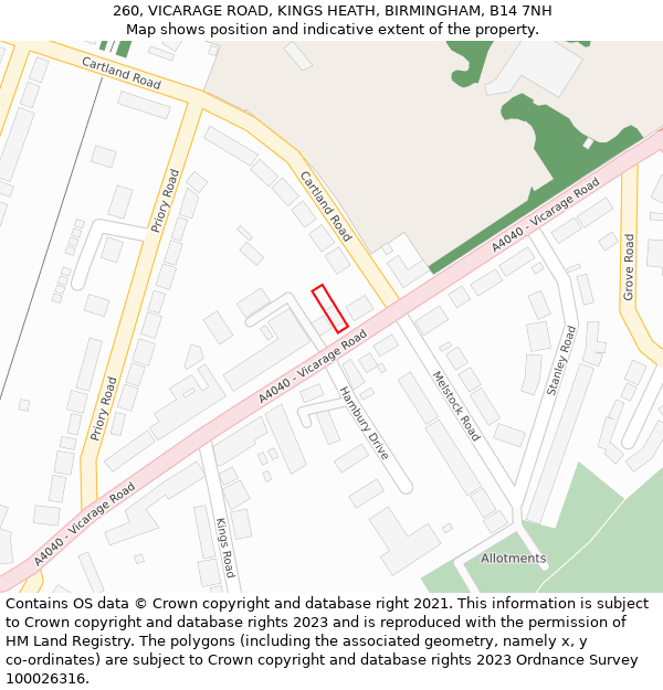 260, VICARAGE ROAD, KINGS HEATH, BIRMINGHAM, B14 7NH: Location map and indicative extent of plot