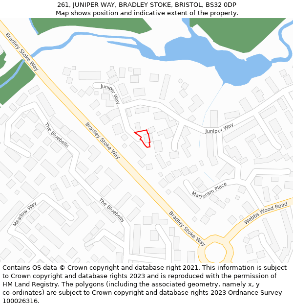 261, JUNIPER WAY, BRADLEY STOKE, BRISTOL, BS32 0DP: Location map and indicative extent of plot