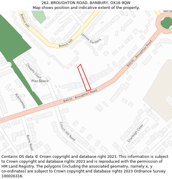 262, BROUGHTON ROAD, BANBURY, OX16 9QW: Location map and indicative extent of plot