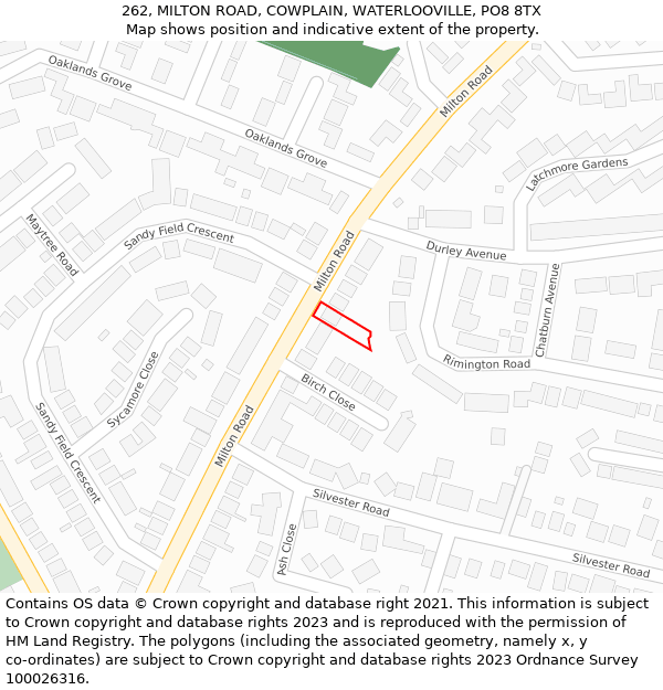 262, MILTON ROAD, COWPLAIN, WATERLOOVILLE, PO8 8TX: Location map and indicative extent of plot