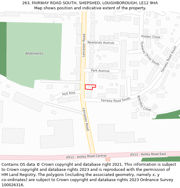 263, FAIRWAY ROAD SOUTH, SHEPSHED, LOUGHBOROUGH, LE12 9HA: Location map and indicative extent of plot
