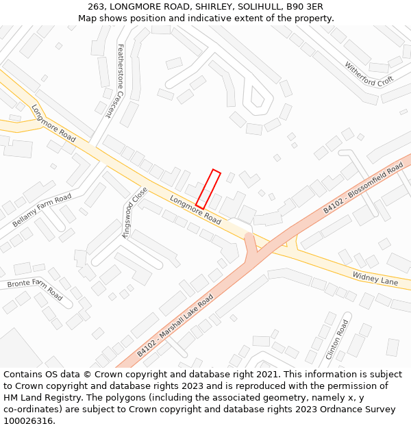 263, LONGMORE ROAD, SHIRLEY, SOLIHULL, B90 3ER: Location map and indicative extent of plot