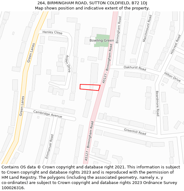 264, BIRMINGHAM ROAD, SUTTON COLDFIELD, B72 1DJ: Location map and indicative extent of plot