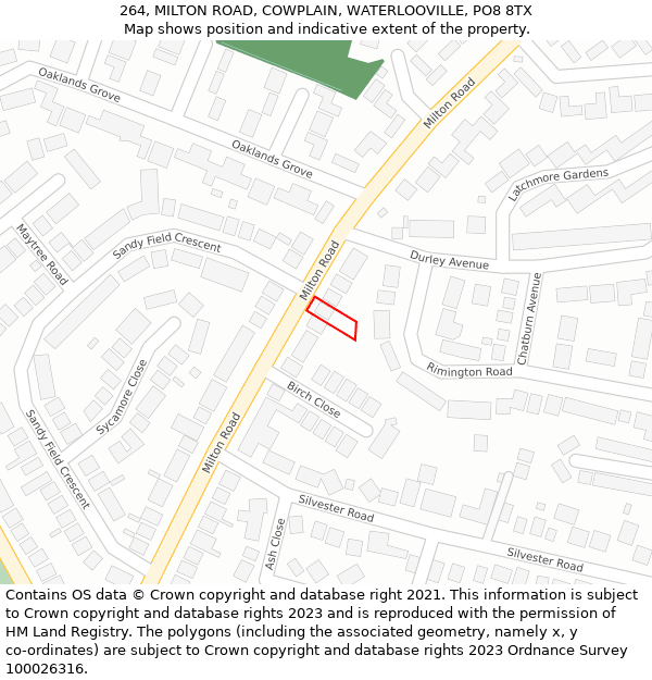 264, MILTON ROAD, COWPLAIN, WATERLOOVILLE, PO8 8TX: Location map and indicative extent of plot
