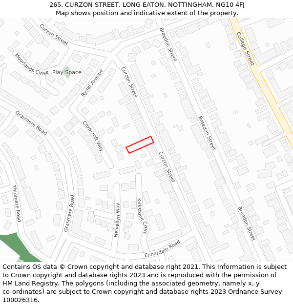 265, CURZON STREET, LONG EATON, NOTTINGHAM, NG10 4FJ: Location map and indicative extent of plot
