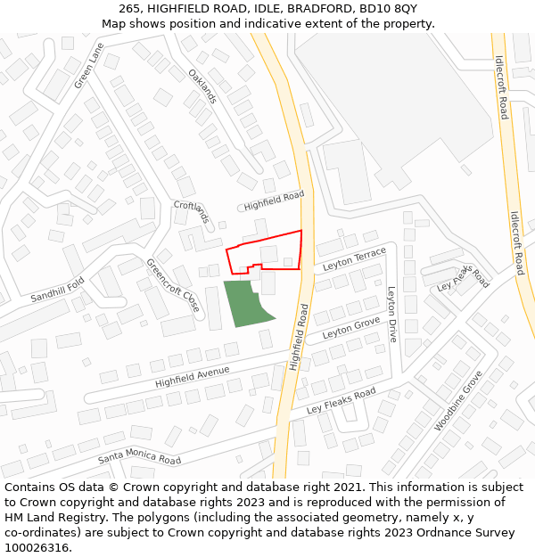 265, HIGHFIELD ROAD, IDLE, BRADFORD, BD10 8QY: Location map and indicative extent of plot