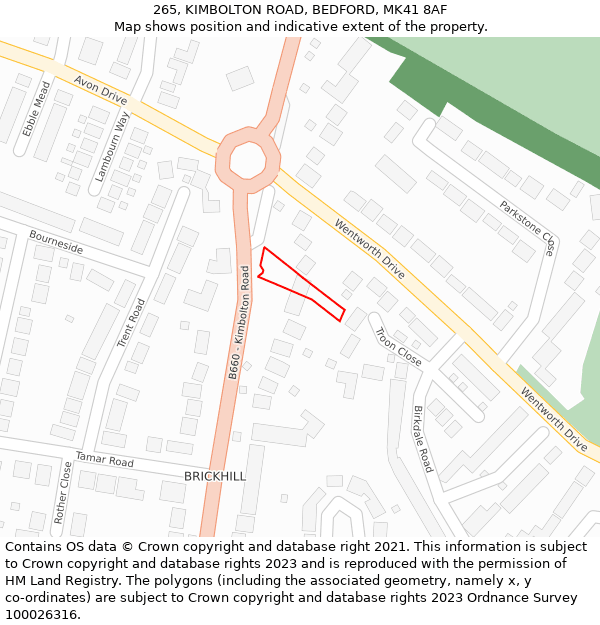 265, KIMBOLTON ROAD, BEDFORD, MK41 8AF: Location map and indicative extent of plot