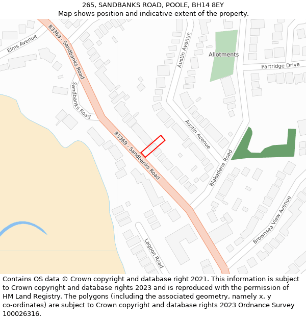 265, SANDBANKS ROAD, POOLE, BH14 8EY: Location map and indicative extent of plot