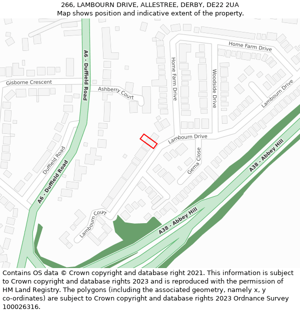 266, LAMBOURN DRIVE, ALLESTREE, DERBY, DE22 2UA: Location map and indicative extent of plot