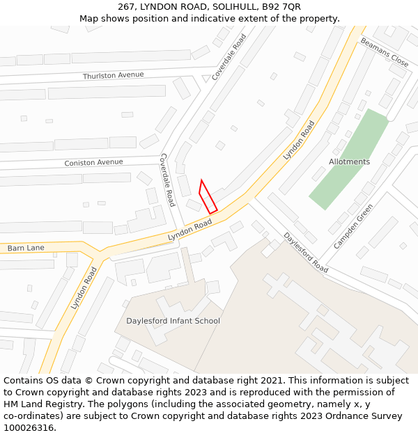 267, LYNDON ROAD, SOLIHULL, B92 7QR: Location map and indicative extent of plot