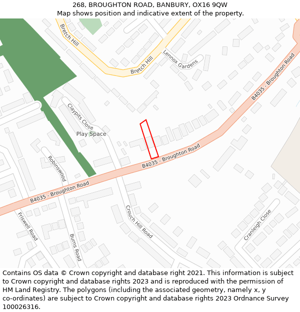 268, BROUGHTON ROAD, BANBURY, OX16 9QW: Location map and indicative extent of plot