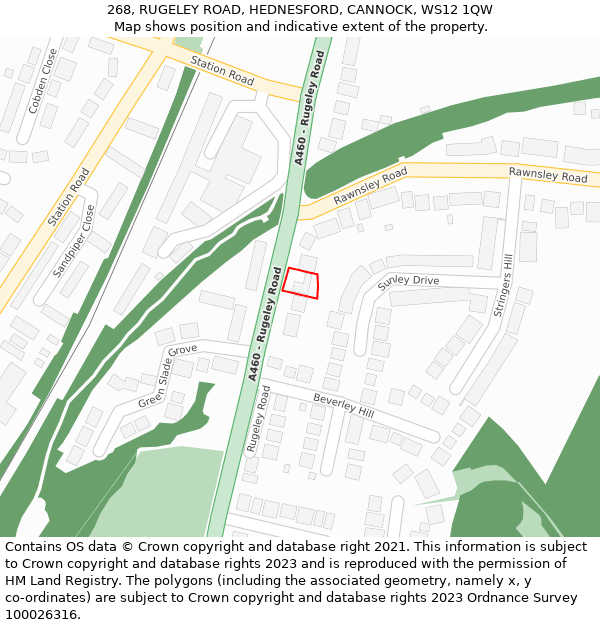 268, RUGELEY ROAD, HEDNESFORD, CANNOCK, WS12 1QW: Location map and indicative extent of plot