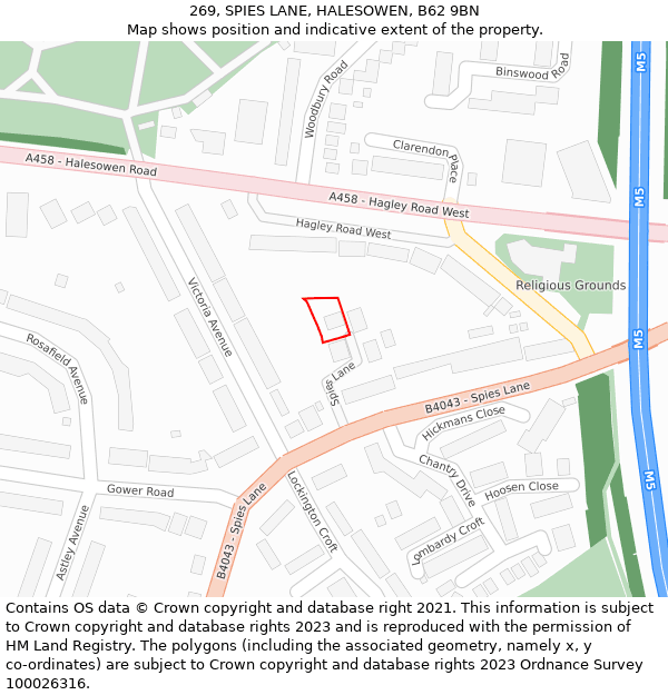 269, SPIES LANE, HALESOWEN, B62 9BN: Location map and indicative extent of plot