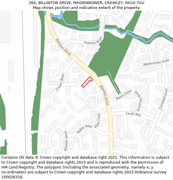 26A, BILLINTON DRIVE, MAIDENBOWER, CRAWLEY, RH10 7UU: Location map and indicative extent of plot