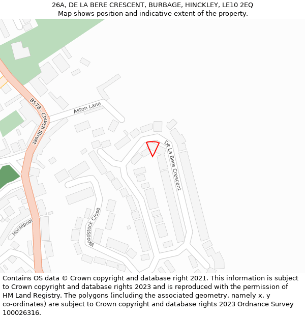 26A, DE LA BERE CRESCENT, BURBAGE, HINCKLEY, LE10 2EQ: Location map and indicative extent of plot