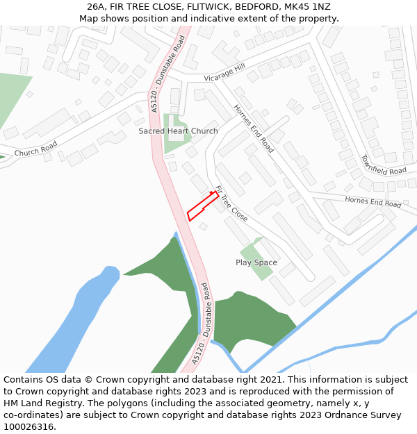 26A, FIR TREE CLOSE, FLITWICK, BEDFORD, MK45 1NZ: Location map and indicative extent of plot