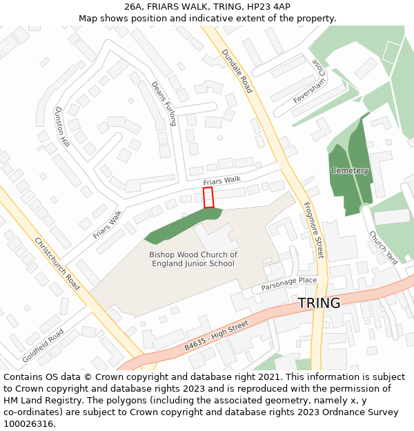 26A, FRIARS WALK, TRING, HP23 4AP: Location map and indicative extent of plot