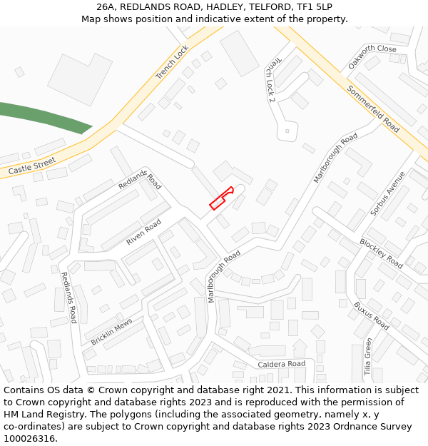 26A, REDLANDS ROAD, HADLEY, TELFORD, TF1 5LP: Location map and indicative extent of plot