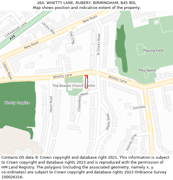 26A, WHETTY LANE, RUBERY, BIRMINGHAM, B45 9DL: Location map and indicative extent of plot