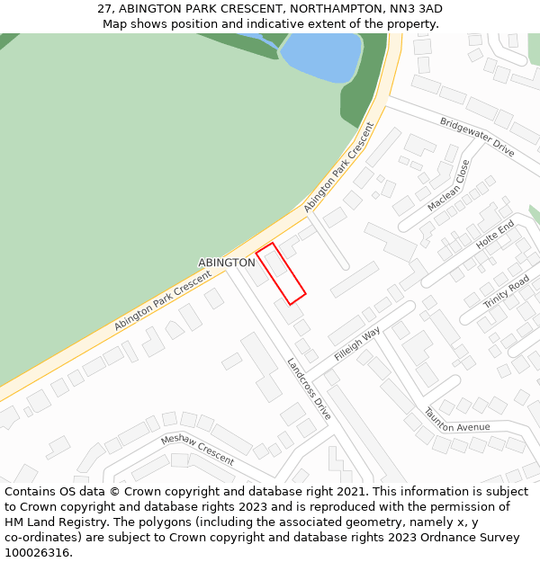 27, ABINGTON PARK CRESCENT, NORTHAMPTON, NN3 3AD: Location map and indicative extent of plot