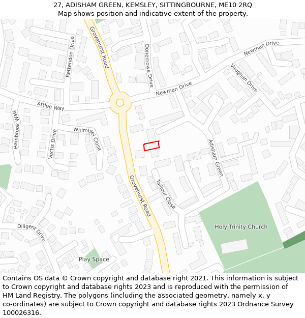 27, ADISHAM GREEN, KEMSLEY, SITTINGBOURNE, ME10 2RQ: Location map and indicative extent of plot