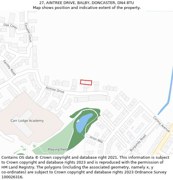 27, AINTREE DRIVE, BALBY, DONCASTER, DN4 8TU: Location map and indicative extent of plot