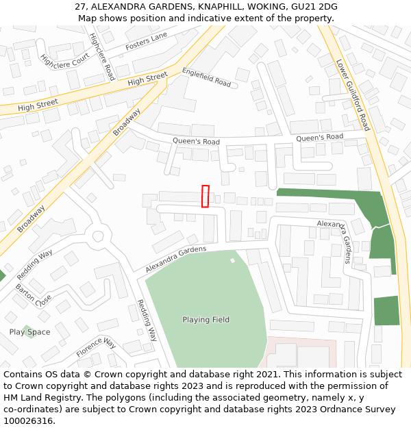 27, ALEXANDRA GARDENS, KNAPHILL, WOKING, GU21 2DG: Location map and indicative extent of plot