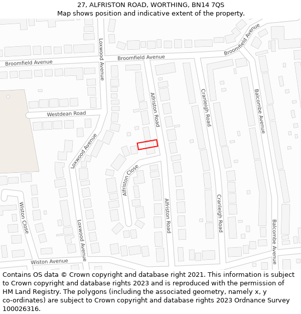 27, ALFRISTON ROAD, WORTHING, BN14 7QS: Location map and indicative extent of plot