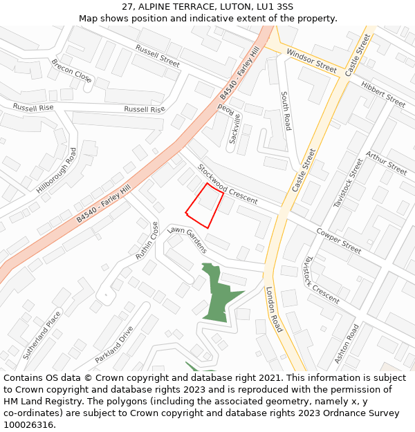 27, ALPINE TERRACE, LUTON, LU1 3SS: Location map and indicative extent of plot