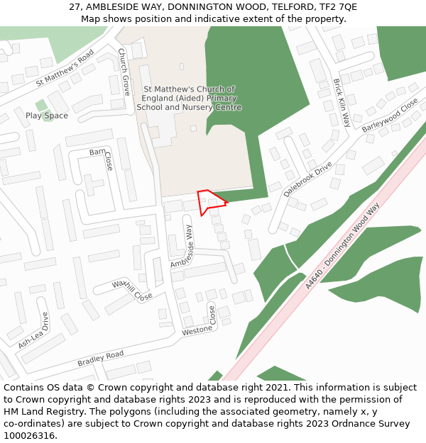 27, AMBLESIDE WAY, DONNINGTON WOOD, TELFORD, TF2 7QE: Location map and indicative extent of plot