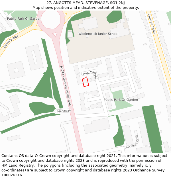 27, ANGOTTS MEAD, STEVENAGE, SG1 2NJ: Location map and indicative extent of plot