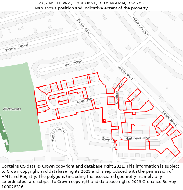 27, ANSELL WAY, HARBORNE, BIRMINGHAM, B32 2AU: Location map and indicative extent of plot