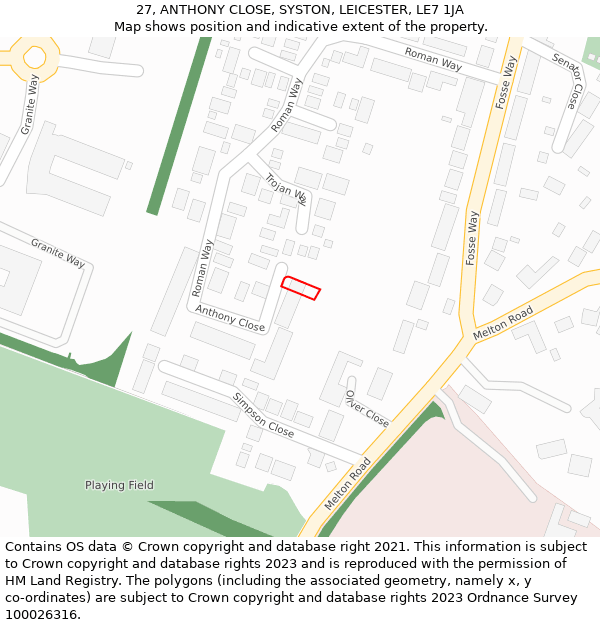 27, ANTHONY CLOSE, SYSTON, LEICESTER, LE7 1JA: Location map and indicative extent of plot