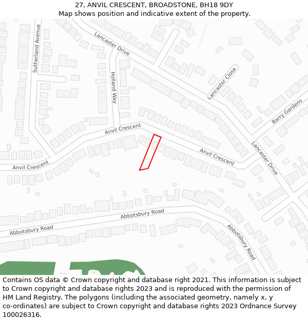 27, ANVIL CRESCENT, BROADSTONE, BH18 9DY: Location map and indicative extent of plot