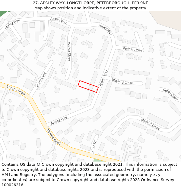 27, APSLEY WAY, LONGTHORPE, PETERBOROUGH, PE3 9NE: Location map and indicative extent of plot